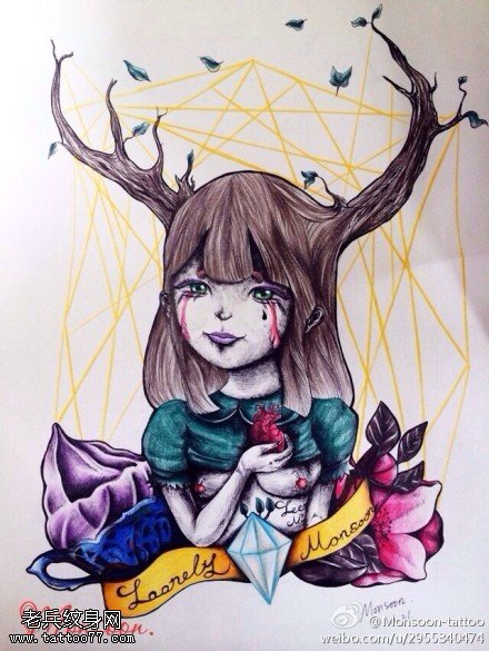 彩色个性小女孩纹身手稿图案
