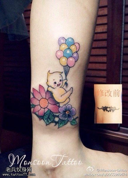 腿部彩色卡通气球纹身图案