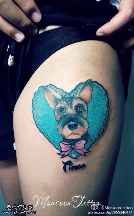 腿部彩色爱心卡通狗狗纹身图案