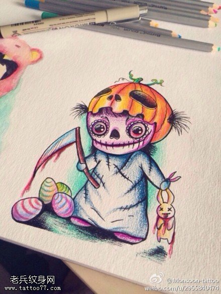 彩色个性邪恶娃娃纹身图案