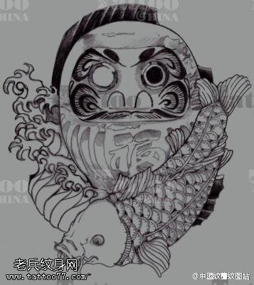 骷髅锦鲤鱼手稿纹身图案