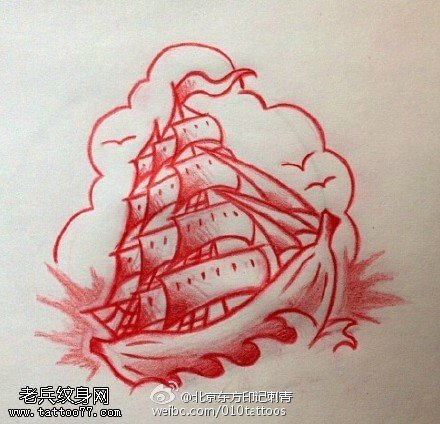 香蕉上的帆船手稿纹身图案