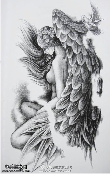 美女天使之翼手稿纹身图案