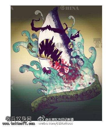 彩绘海浪鲨鱼手稿纹身图案