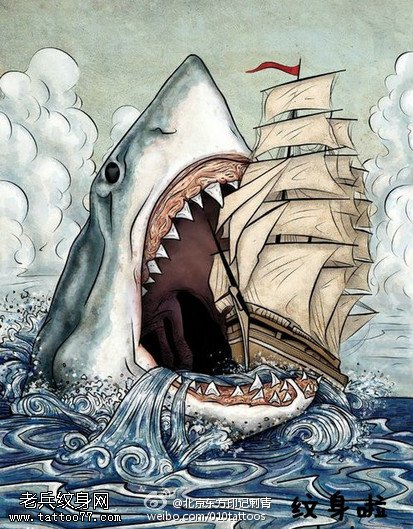 彩绘鲨鱼吃帆船纹身图案