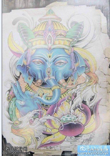 彩绘漂亮的象神手稿纹身图案