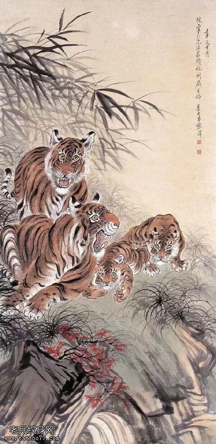 水墨风群虎下山纹身图案