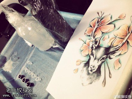 手稿灵鹿花卉纹身图案