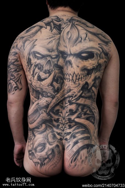 面部恐怖骷髅头纹身图案
