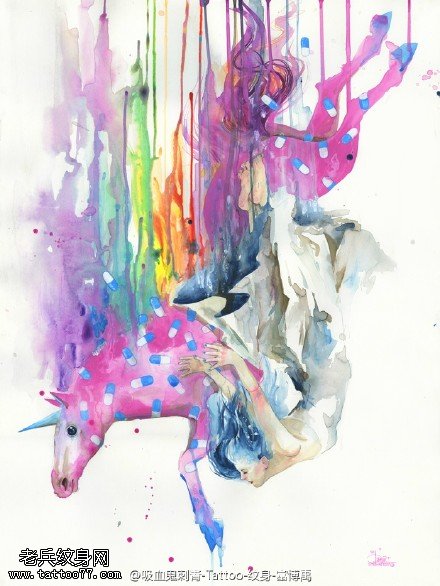 经典水彩奔驰的骏马纹身图案