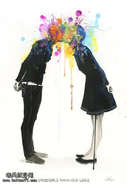 经典水彩风情侣相吻纹身图案