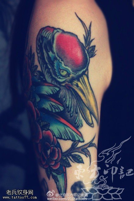 经典彩绘仙鹤纹身图案