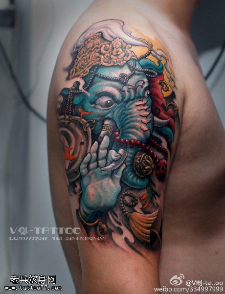 肩部吉祥如意的象神纹身图案