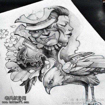 黑色素描小丑老鹰纹身图案