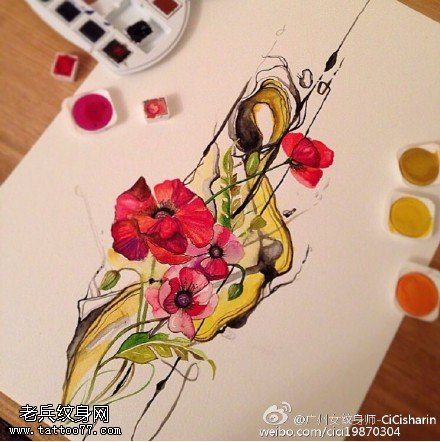 彩色罂粟花纹身图案