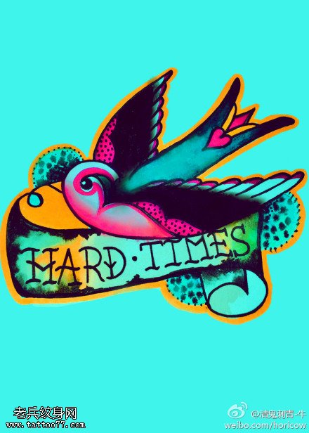 彩色燕子字母纹身手稿图案