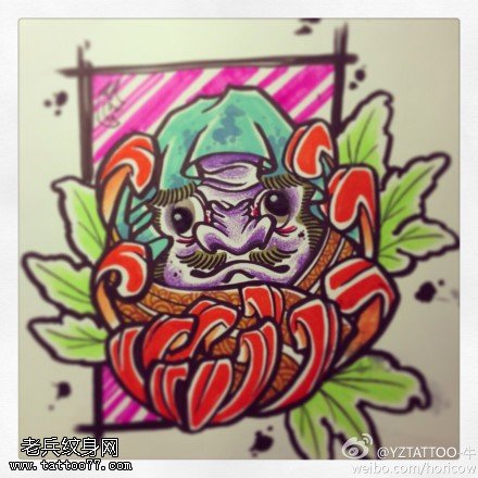 彩色个性达摩菊花纹身手稿图案