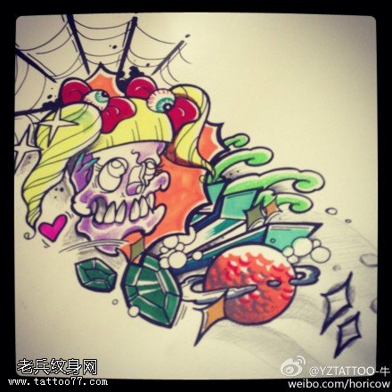 彩色欧美传统骷髅纹身图