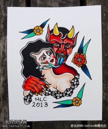 手稿彩色诡异恶魔与美女纹身图案