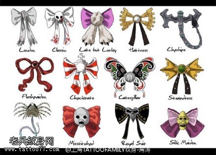 各种漂亮的蝴蝶结手稿纹身图案