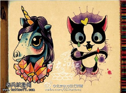 一组超级可爱的卡通纹身图案