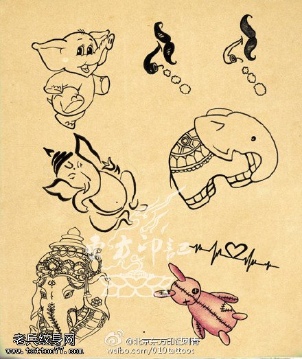 各种可爱的漂亮的小象手稿纹身图案