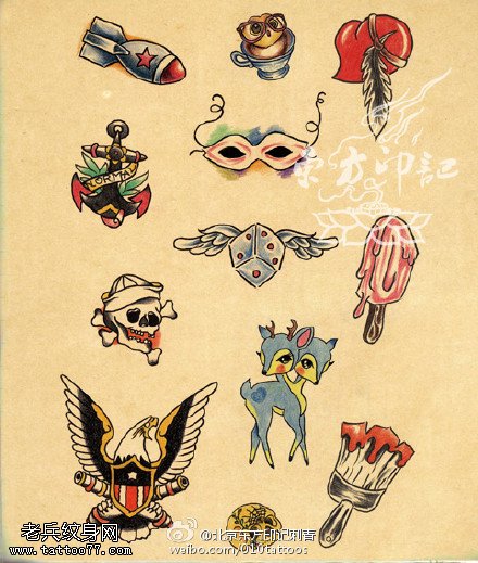 一组个性时尚的彩色手稿纹身图案