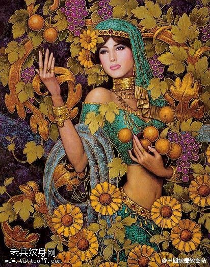 彩色印度美女手稿纹身图案