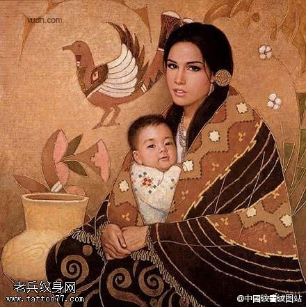 一组温馨的母子纹身图案