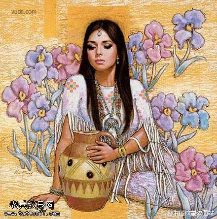 印度风格忧郁的美女子纹身图案