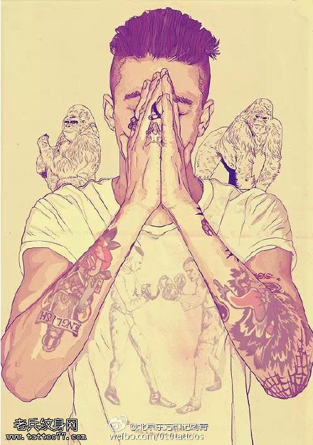 画中信仰的男子手稿纹身图案