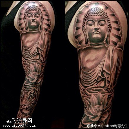 大气的莲花老虎佛头像纹身图案