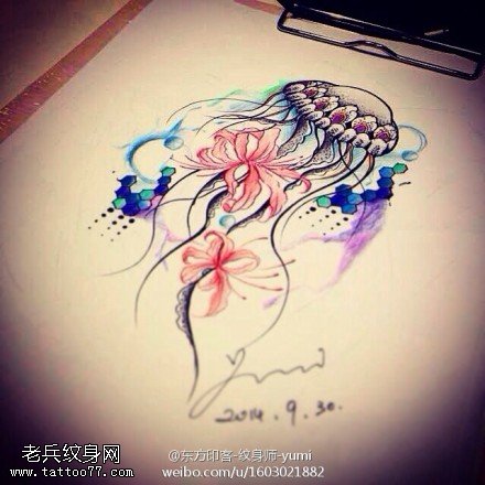 彩色泼墨水母彼岸花纹身手稿图