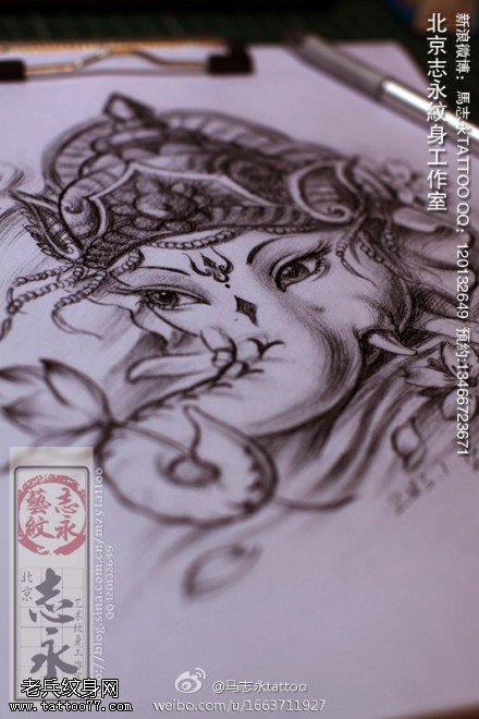 单色素描象神纹身图案缩略频道推荐图