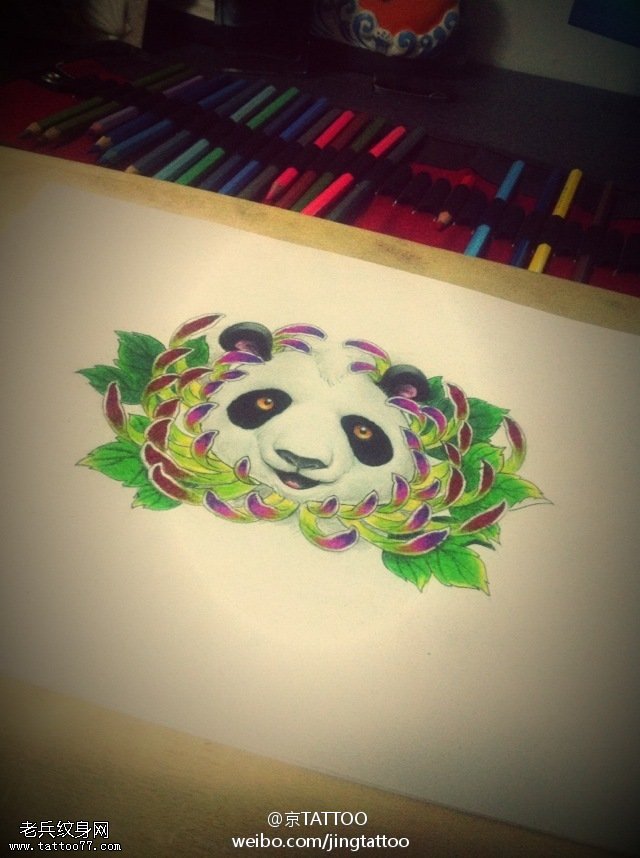 艳丽可爱菊花熊猫纹身图案手稿
