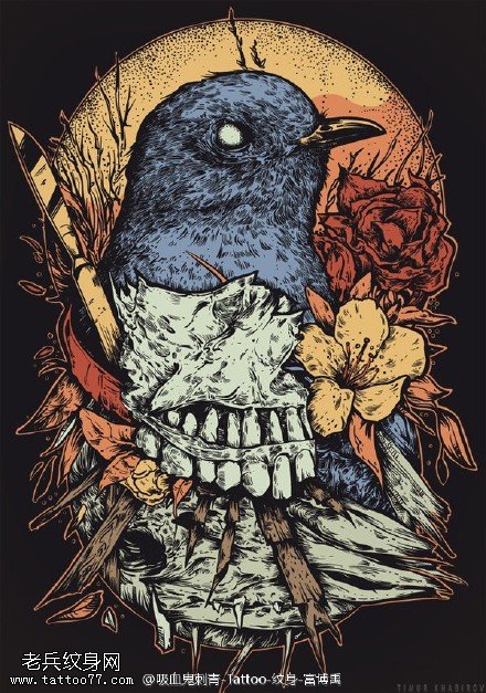 蓝色可爱燕子纹身图案手稿