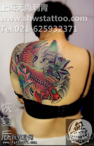 中国风彩绘锦鲤莲花纹身图案