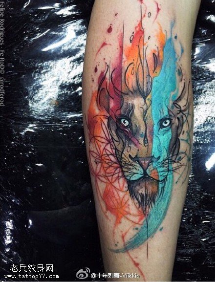 小腿水墨大老虎纹身图案