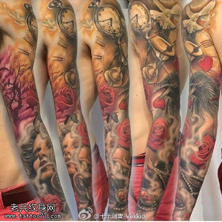 手臂时光表乌鸦玫瑰纹身图案