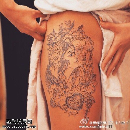 大腿点刺美女玫瑰纹身图案