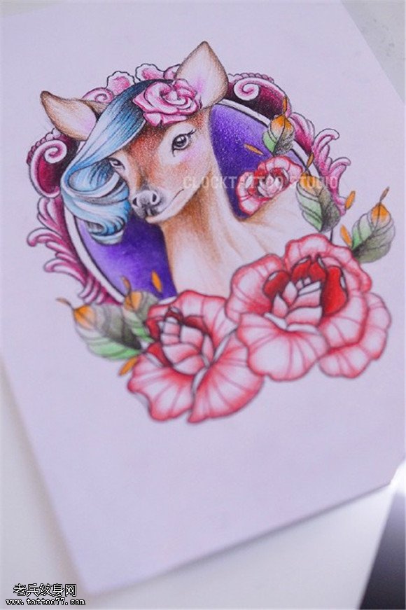 彩色个性独角兽玫瑰纹身手稿图片
