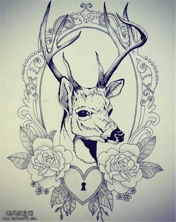 羚羊玫瑰花爱心锁纹身手稿图片