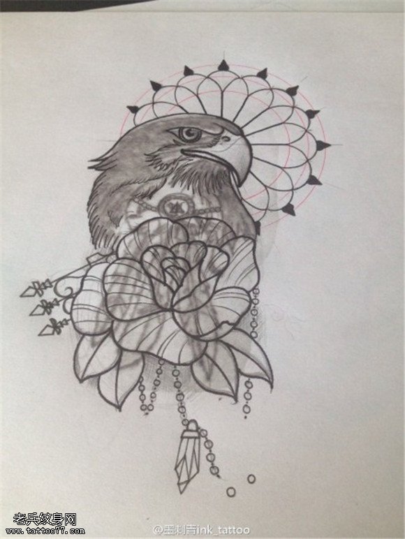 鸟玫瑰宝石纹身手稿图片