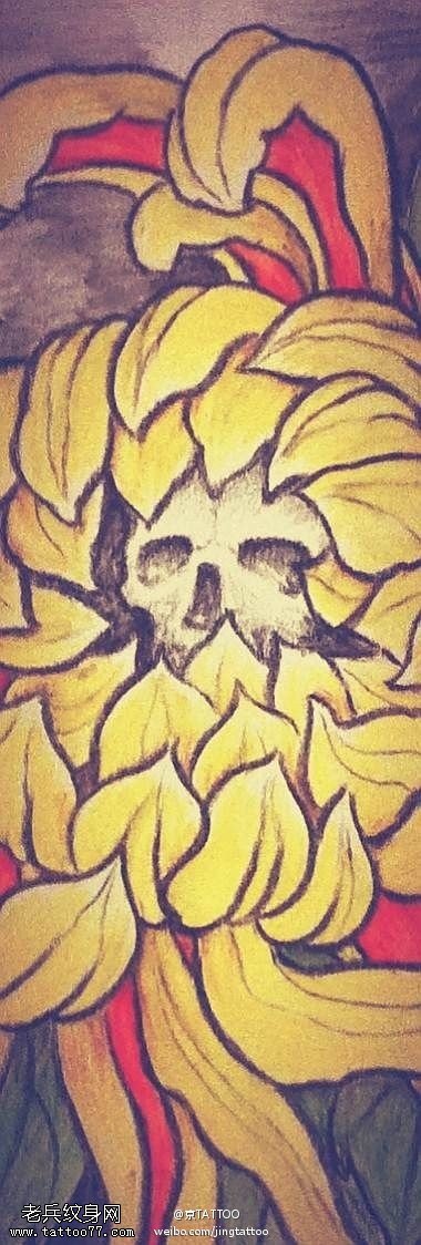 色彩艳丽诡异菊花骷髅头纹身图案手稿