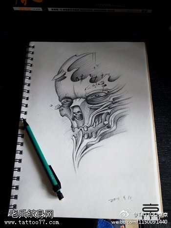 恐怖惊悚骷髅头纹身图案手稿