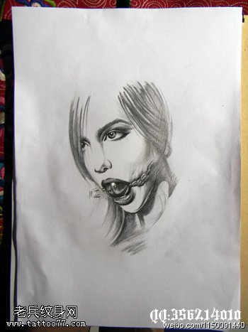 美女含珠头像纹身图案手稿