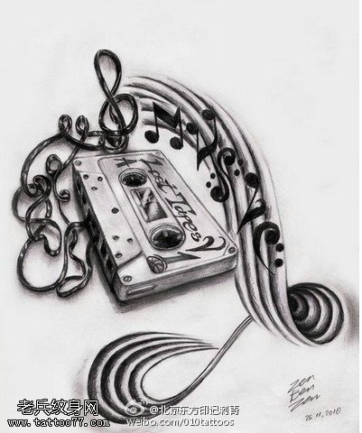 经典的磁带音乐符纹身图案