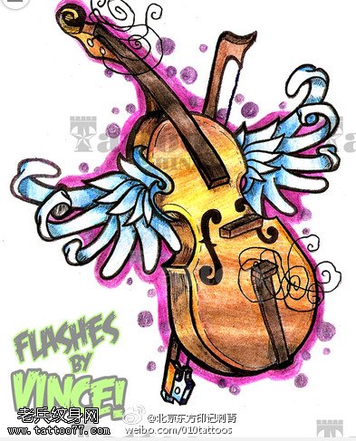 彩色带翅膀的琵琶手稿纹身图案