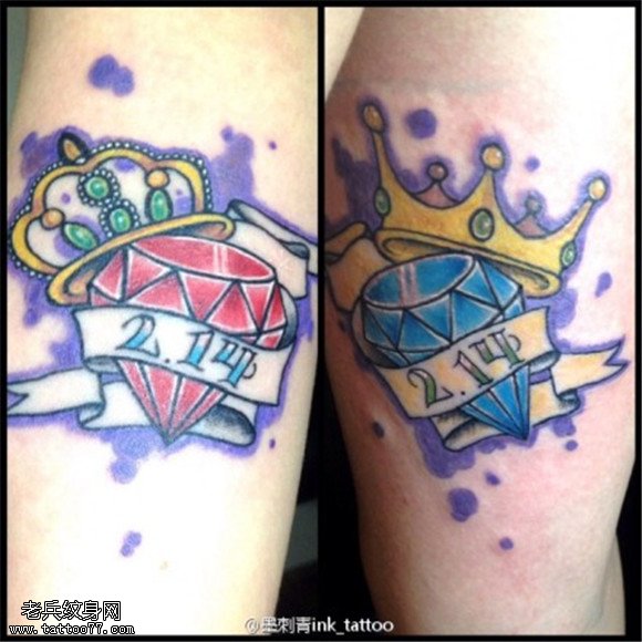 腿部彩色钻石皇冠纹身图片