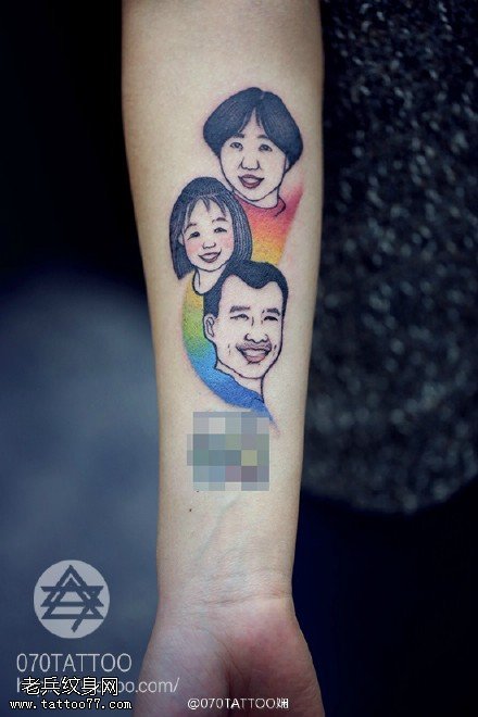 手臂彩色个性一家人纹身图片